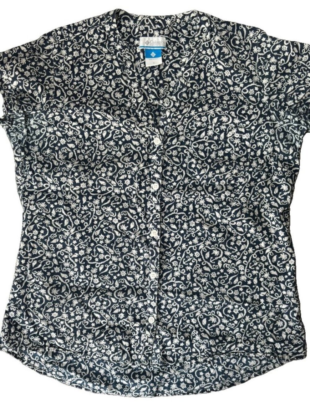 Columbia Women's PFG Nautical Print Button Up Shirt Size S Cotton Blue White